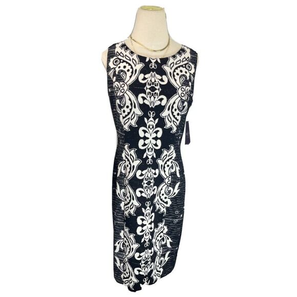NYDJ Black White Floral Sheath Shaper Dress Sleeveless Size 8 Slimming - Picture 2 of 16